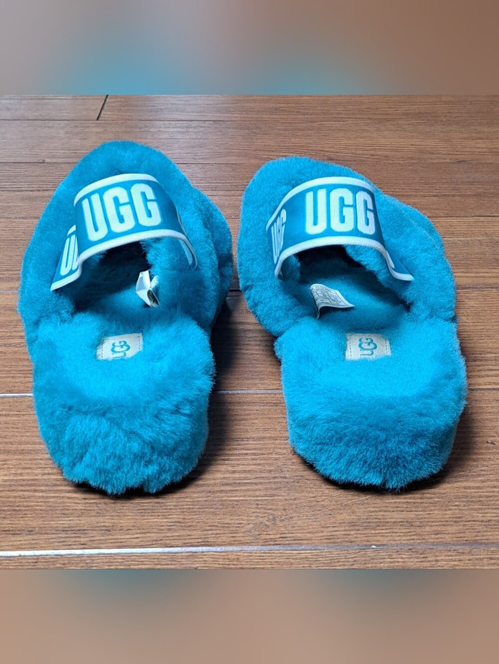 UGG Oh Yeah Fluffy Sheepskin Slingback Sandals "Aquatic Blue" (Turquoise) Size 8 - Picture 5 of 9